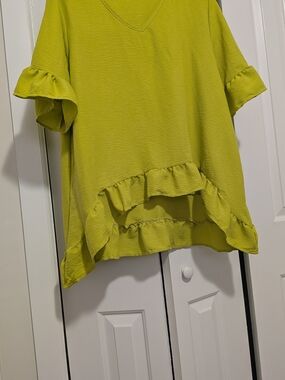Ruffle-Hem V-Neck Blouse in Lime Green